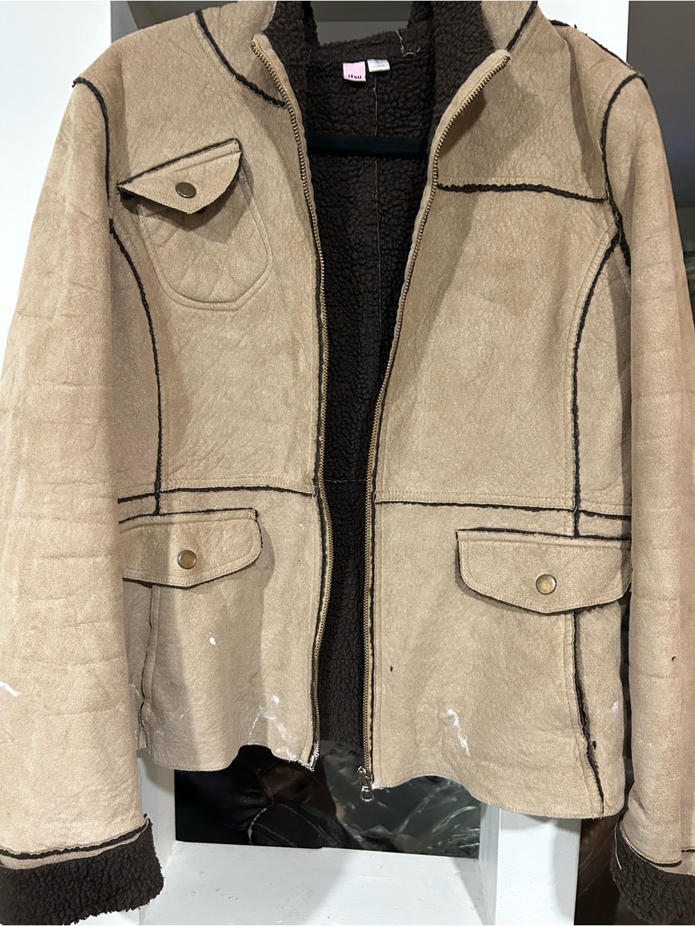 Women's Tan Faux-Suede Military Field Jacket with Sherpa Lining